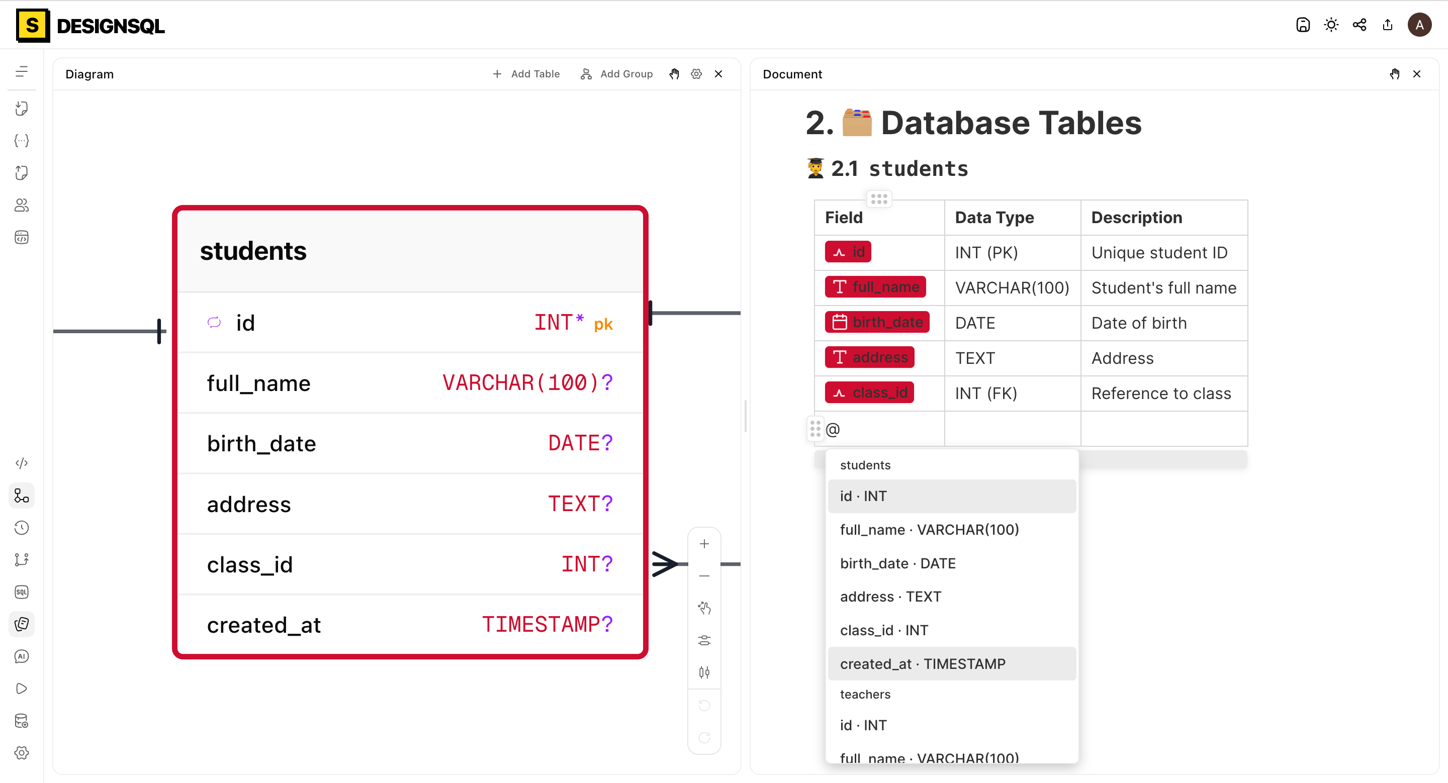 Documentation — DesignSQL database schema design feature